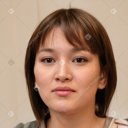 Neutral white young-adult female with medium  brown hair and brown eyes