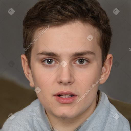 Neutral white young-adult male with short  brown hair and grey eyes