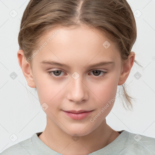 Joyful white child female with short  brown hair and grey eyes