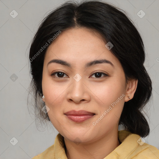 Joyful asian young-adult female with medium  brown hair and brown eyes