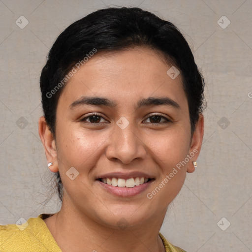 Joyful white young-adult female with short  brown hair and brown eyes