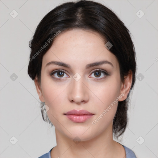 Neutral white young-adult female with medium  brown hair and brown eyes