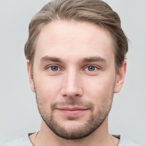 Neutral white young-adult male with short  brown hair and grey eyes