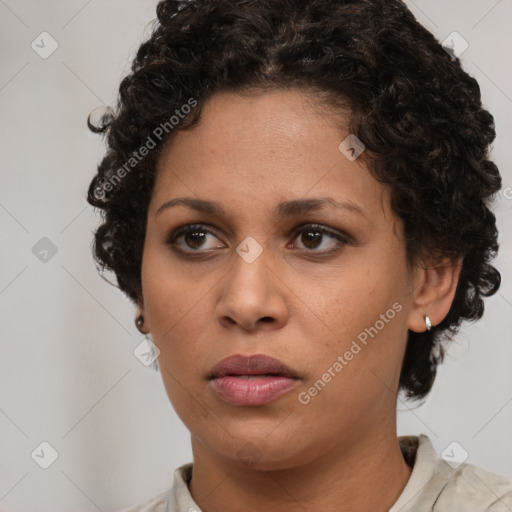 Neutral white young-adult female with short  brown hair and brown eyes