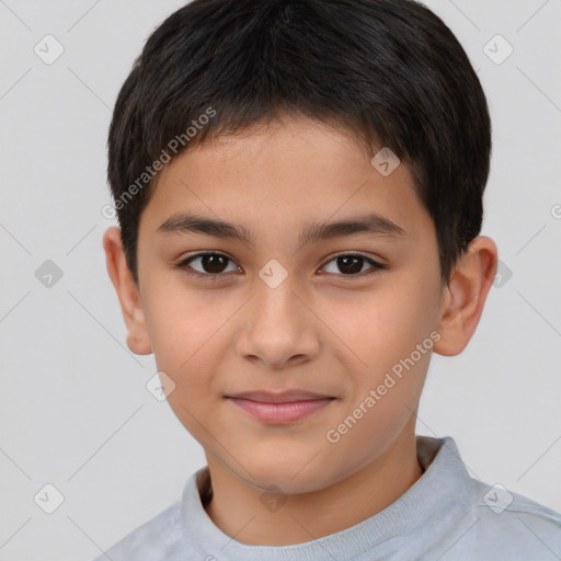 Joyful white child male with short  brown hair and brown eyes