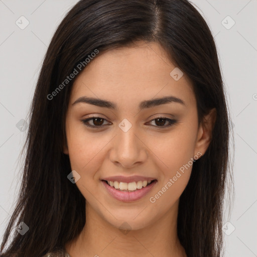 Joyful latino young-adult female with long  brown hair and brown eyes