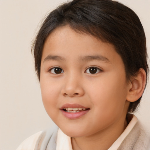 Joyful white child female with medium  brown hair and brown eyes