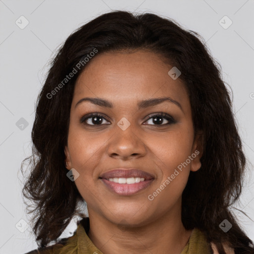 Joyful black young-adult female with medium  brown hair and brown eyes