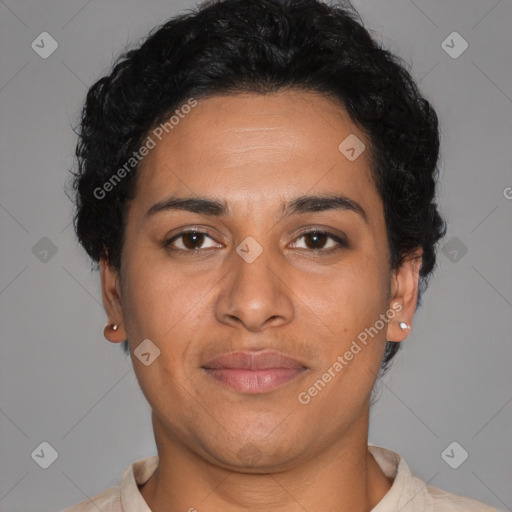 Joyful latino young-adult female with short  brown hair and brown eyes