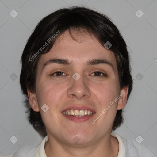 Joyful white young-adult male with medium  brown hair and brown eyes