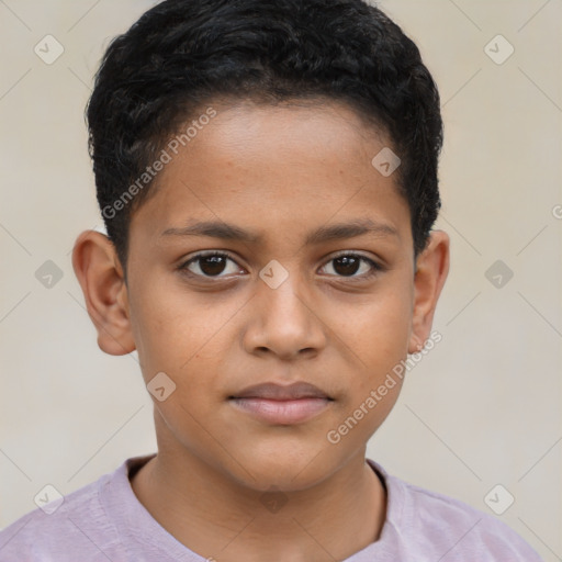 Joyful latino child male with short  brown hair and brown eyes