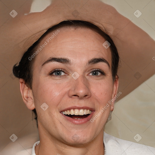 Joyful white adult female with short  brown hair and brown eyes