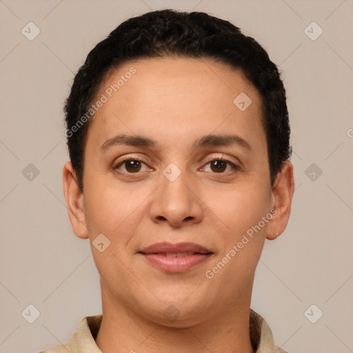 Joyful white young-adult female with short  brown hair and brown eyes