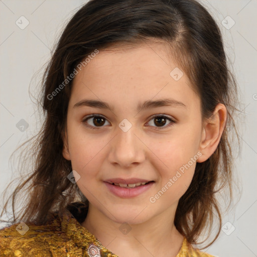 Joyful white child female with medium  brown hair and brown eyes