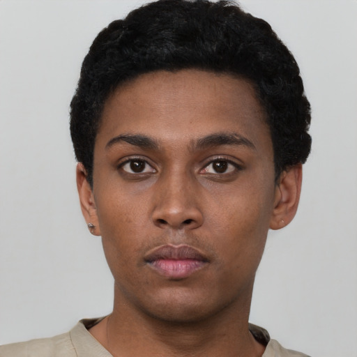 Neutral black young-adult male with short  black hair and brown eyes