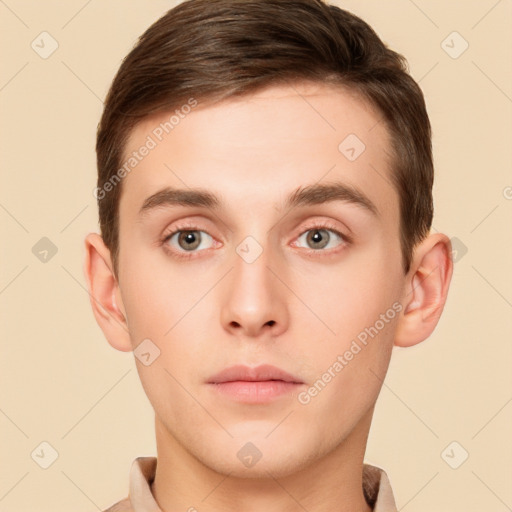 Neutral white young-adult male with short  brown hair and brown eyes