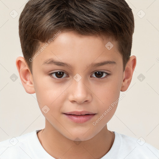 Joyful white child male with short  brown hair and brown eyes