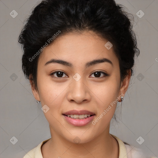 Joyful latino young-adult female with short  brown hair and brown eyes