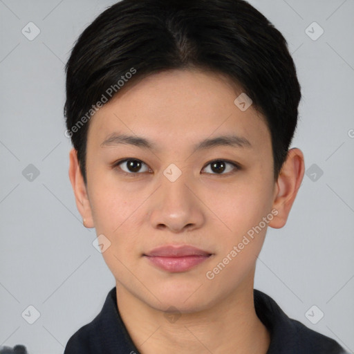 Neutral asian young-adult female with short  black hair and brown eyes