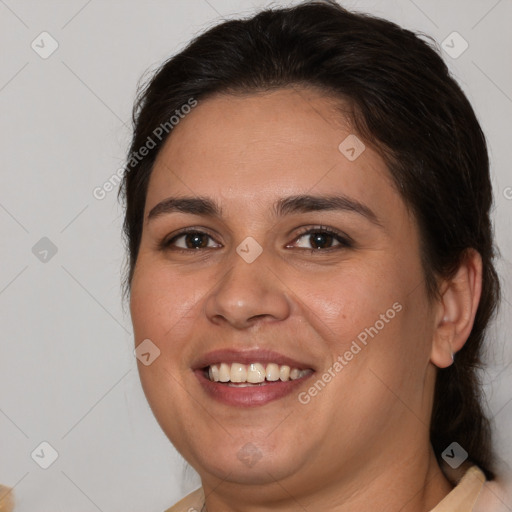 Joyful white young-adult female with medium  brown hair and brown eyes