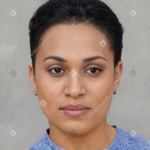 Joyful latino young-adult female with short  black hair and brown eyes