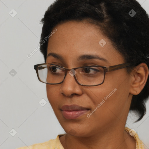 Joyful latino young-adult female with short  black hair and brown eyes