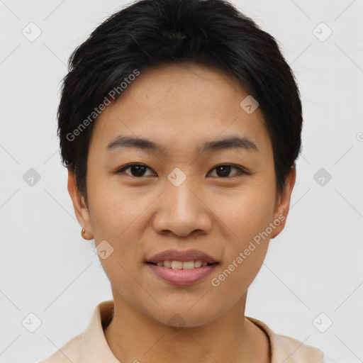 Joyful asian young-adult female with short  brown hair and brown eyes