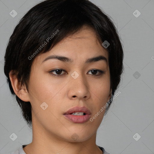 Neutral asian young-adult female with medium  brown hair and brown eyes