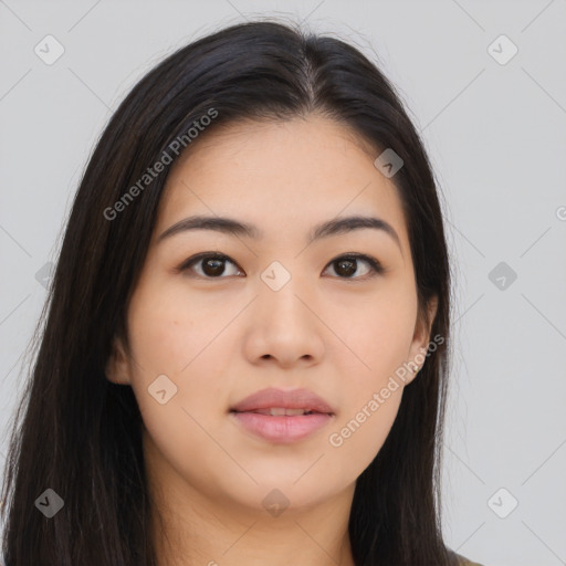 Neutral asian young-adult female with long  brown hair and brown eyes