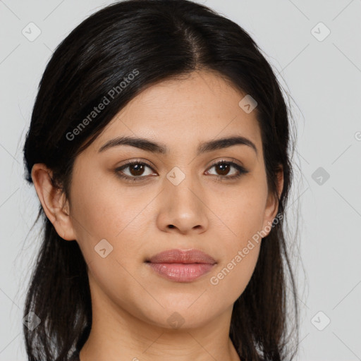 Joyful asian young-adult female with long  brown hair and brown eyes