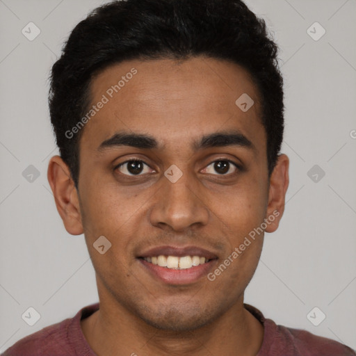 Joyful latino young-adult male with short  black hair and brown eyes