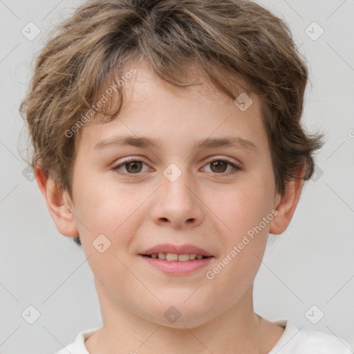 Joyful white child male with short  brown hair and brown eyes