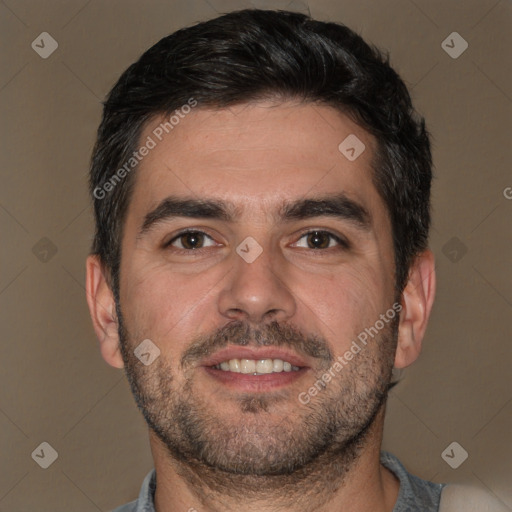 Joyful white young-adult male with short  brown hair and brown eyes