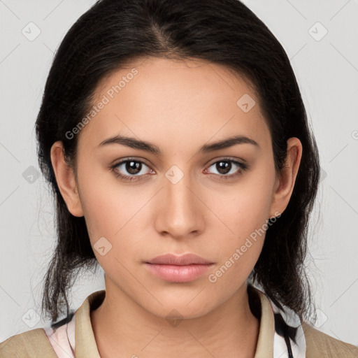 Neutral white young-adult female with medium  brown hair and brown eyes