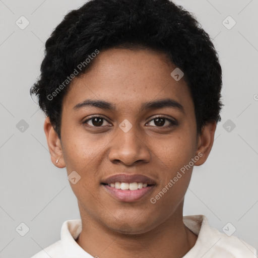 Joyful latino young-adult female with short  brown hair and brown eyes