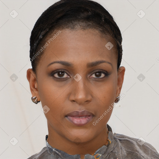 Neutral black young-adult female with short  brown hair and brown eyes