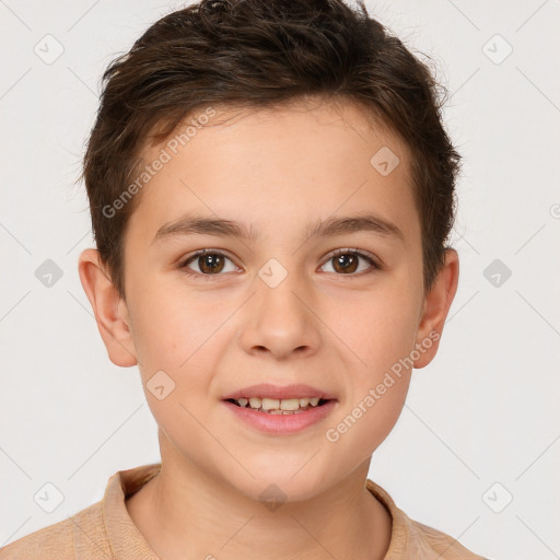 Joyful white child male with short  brown hair and brown eyes