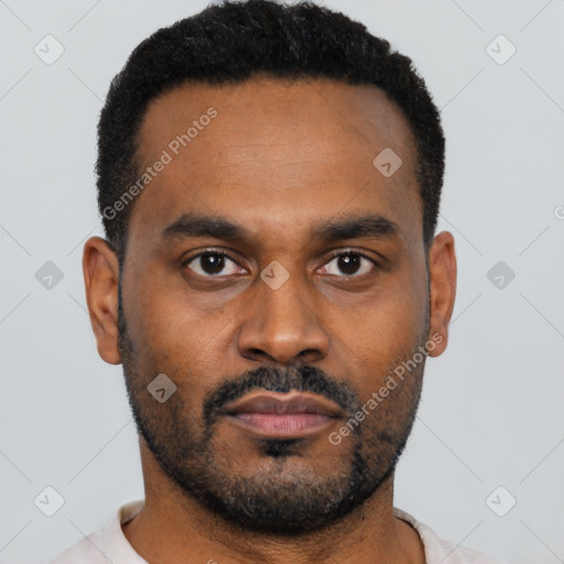 Neutral black young-adult male with short  black hair and brown eyes