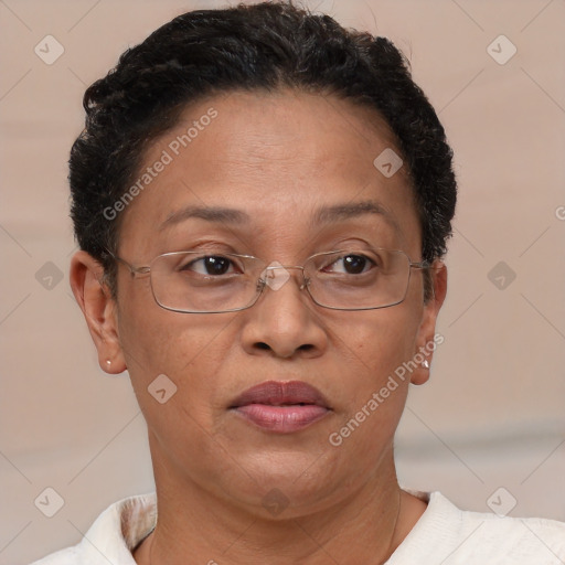 Joyful latino adult female with short  brown hair and brown eyes