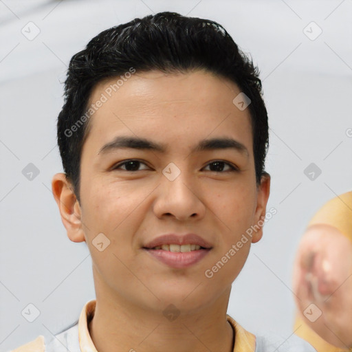 Joyful asian young-adult male with short  brown hair and brown eyes