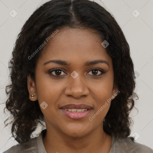 Joyful black young-adult female with medium  brown hair and brown eyes