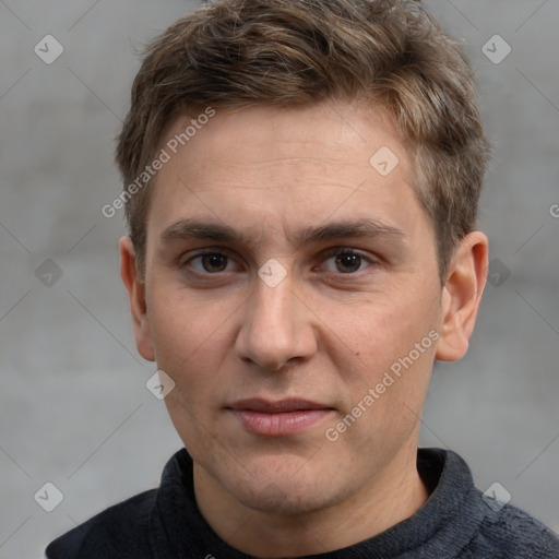 Joyful white adult male with short  brown hair and grey eyes