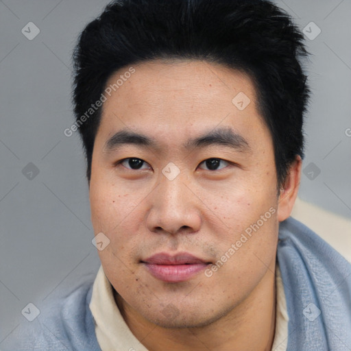 Neutral asian young-adult male with short  black hair and brown eyes