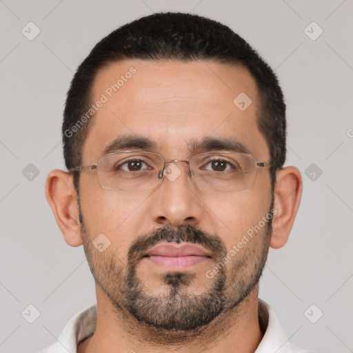 Neutral white adult male with short  black hair and brown eyes