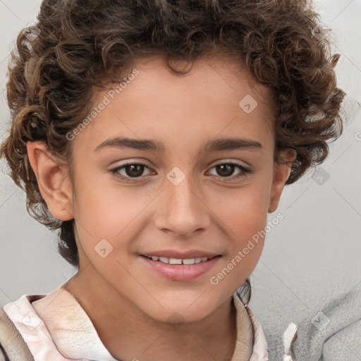 Joyful white child female with short  brown hair and brown eyes