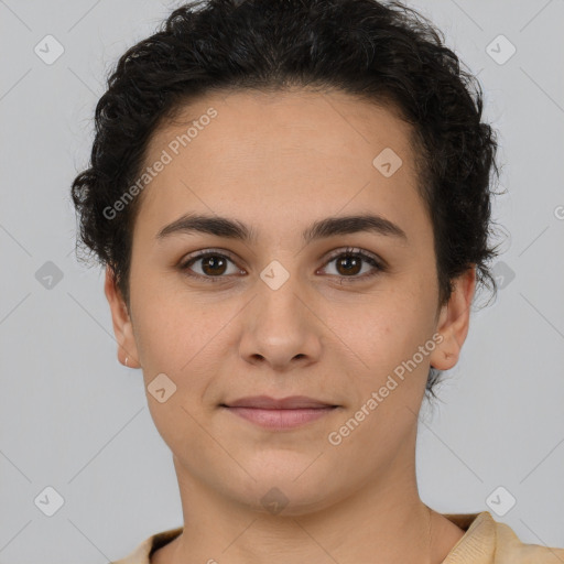 Joyful white young-adult female with short  brown hair and brown eyes