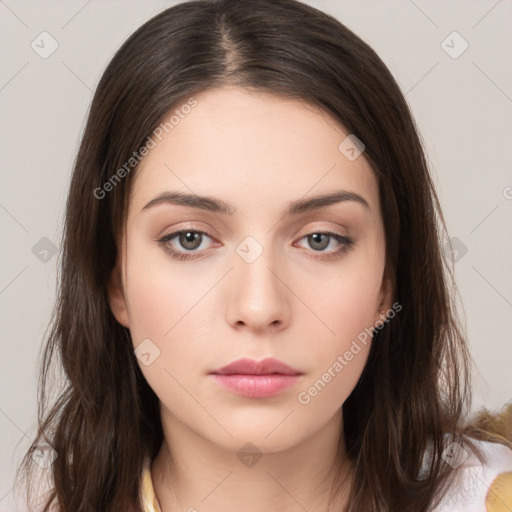 Neutral white young-adult female with medium  brown hair and brown eyes