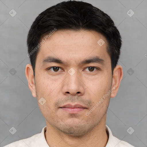 Neutral asian young-adult male with short  black hair and brown eyes