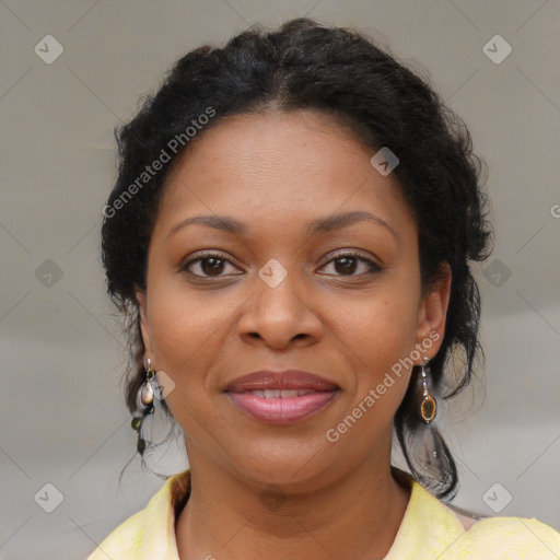 Joyful black young-adult female with medium  brown hair and brown eyes