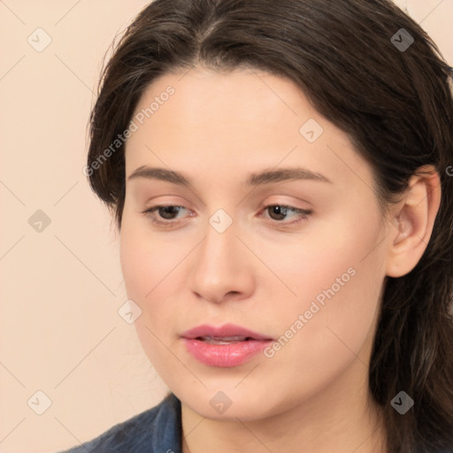 Neutral white young-adult female with medium  brown hair and brown eyes